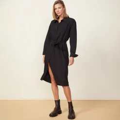 MONROW Asymmetrical Poplin Tie Shirt Dress BLACK Outlet