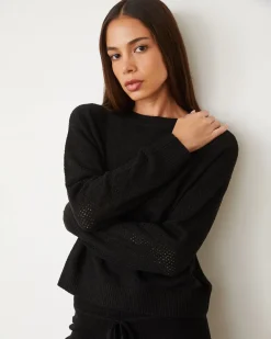 MONROW Boucle Knit Mesh Mixed Sweater BLACK Flash Sale