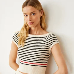 MONROW Boucle Knit Off Shoulder Top CREAM/BLACK Cheap