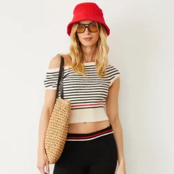 MONROW Boucle Knit Off Shoulder Top CREAM/BLACK Cheap