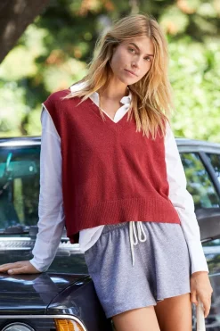 MONROW Boucle Knit V Neck Sweater Vest MAROON Outlet