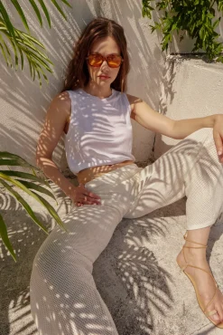 MONROW Cotton Mesh Wide Leg Pant IVORY New