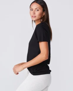 MONROW Cotton Modal Relaxed V Neck Tee - Color BLACK Fashion