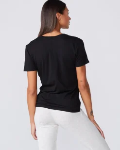 MONROW Cotton Modal Relaxed V Neck Tee - Color BLACK Fashion