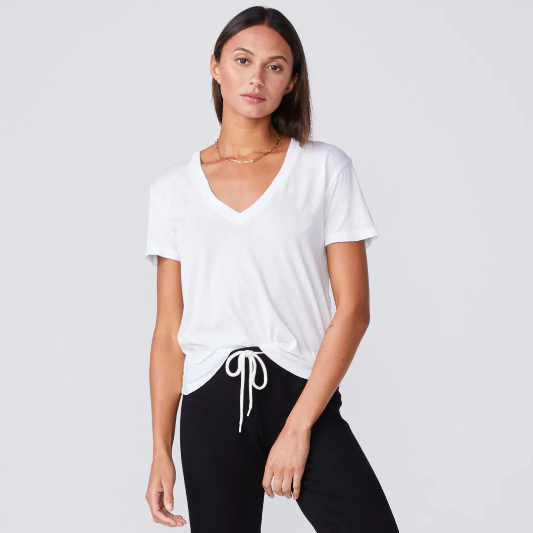 MONROW Cotton Modal Relaxed V Neck Tee - Color WHITE Outlet