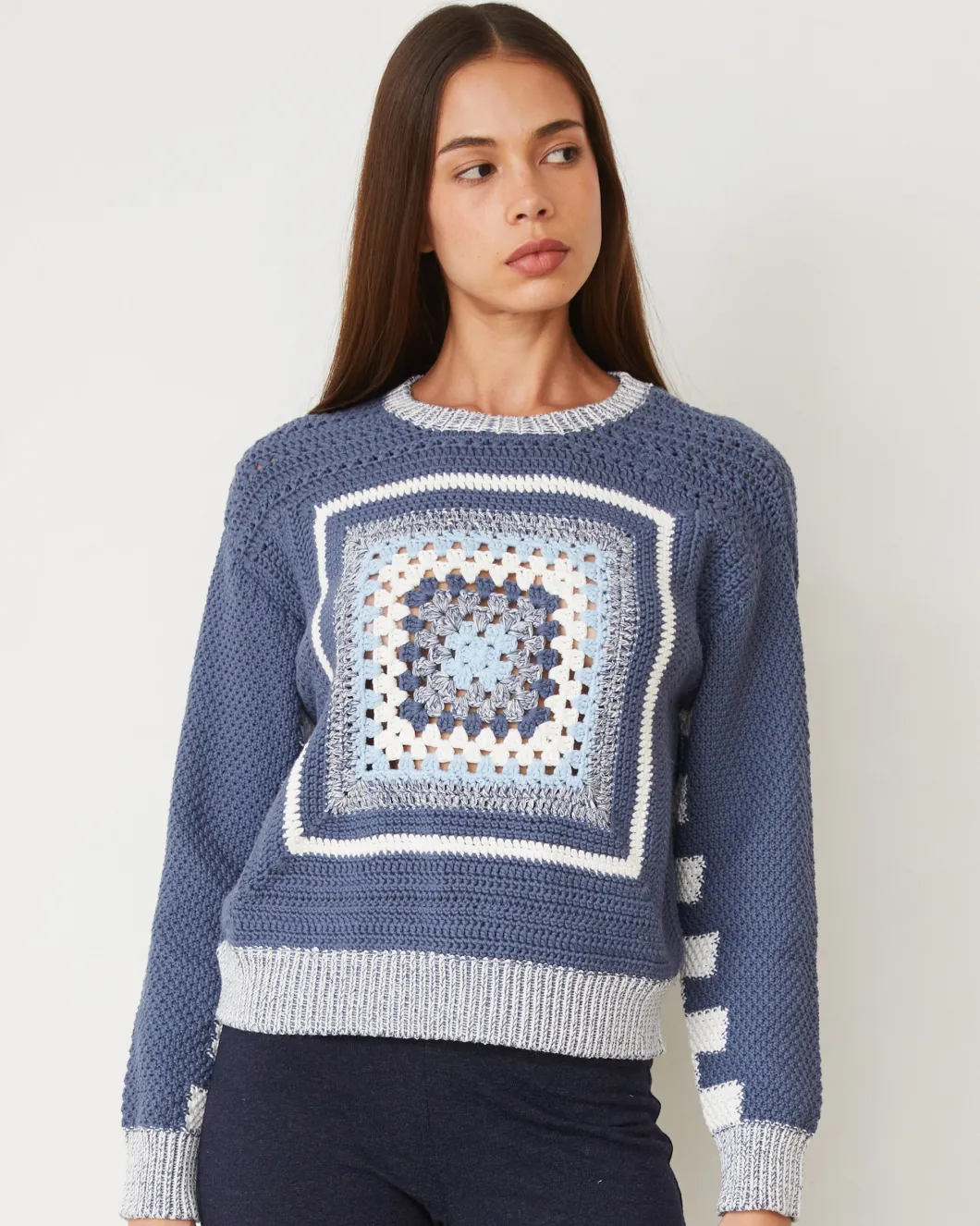 MONROW Crochet Pullover Sweater WASHEDBLUE Store
