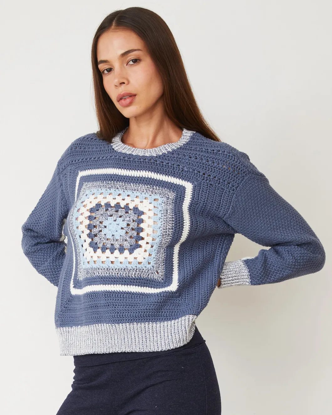 MONROW Crochet Pullover Sweater WASHEDBLUE Store