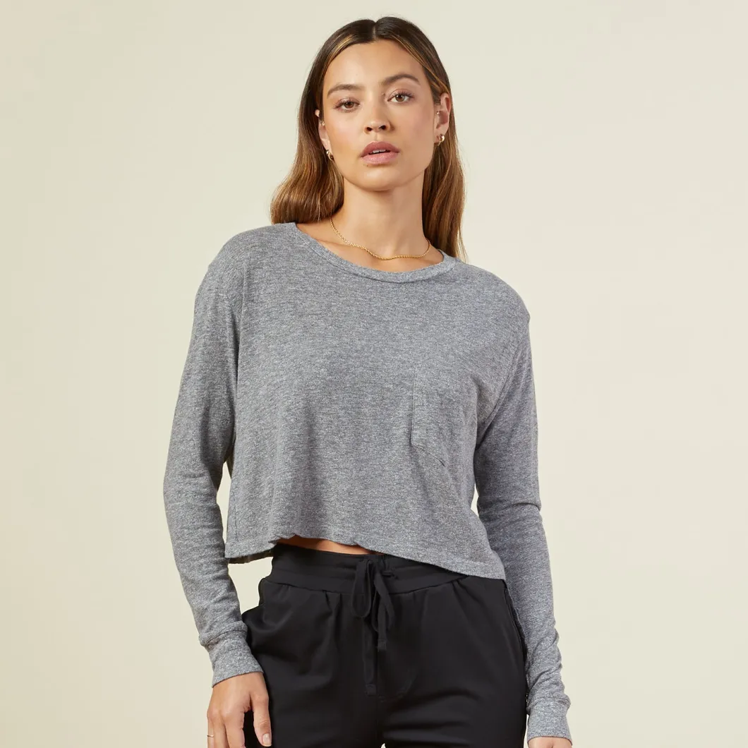 MONROW Cropped Long Sleeve Ex-Boyfriend Pocket Crew GRANITE Discount