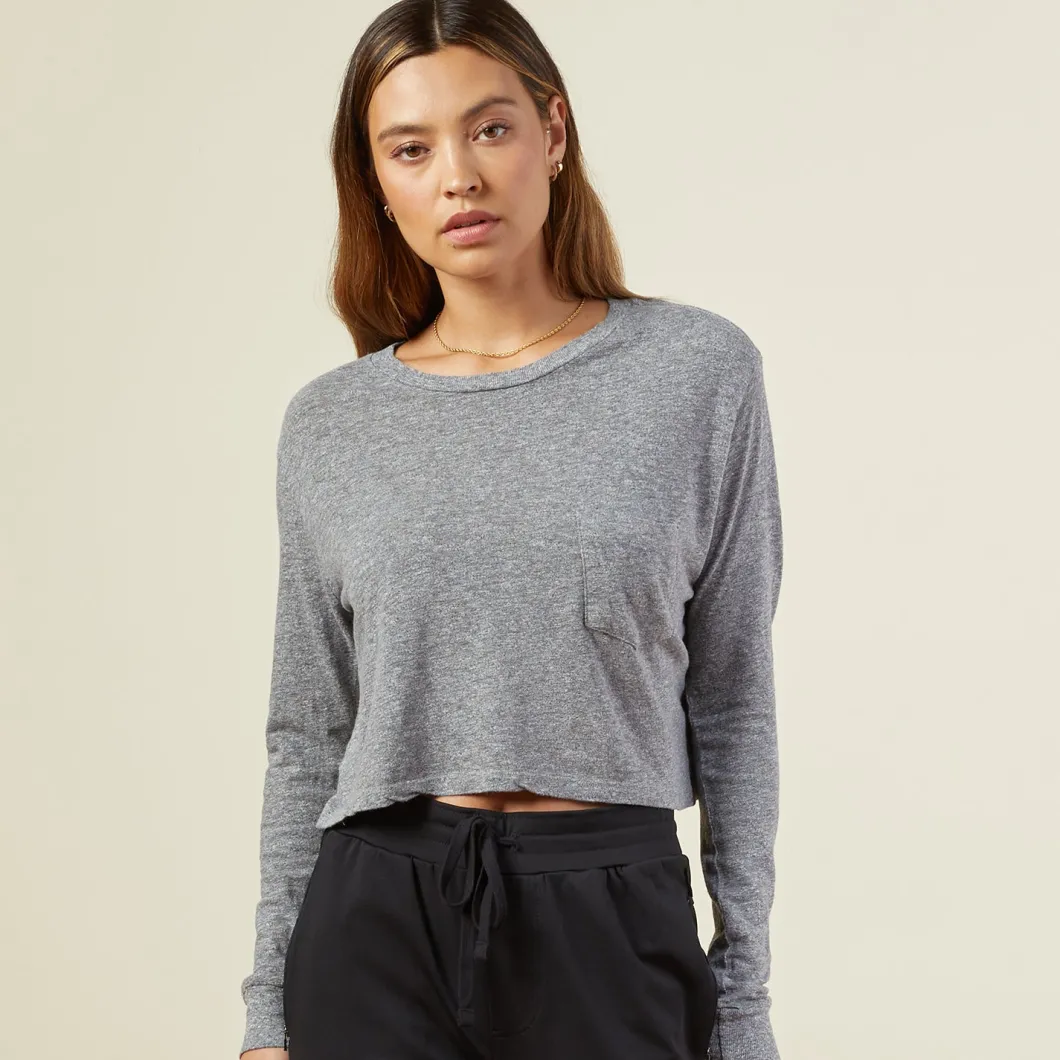 MONROW Cropped Long Sleeve Ex-Boyfriend Pocket Crew GRANITE Discount