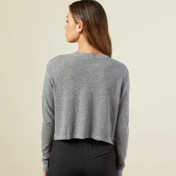 MONROW Cropped Long Sleeve Ex-Boyfriend Pocket Crew GRANITE Discount
