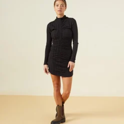 MONROW Flat Rib Mock Shirred Dress BLACK Cheap