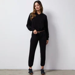 MONROW French Terry Crop Elastic Waist Sweat BLACK Outlet
