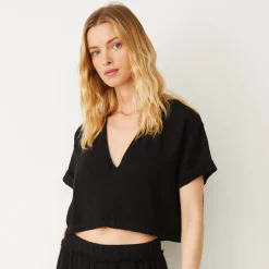 MONROW Gauze V Neck Mini Top BLACK Fashion
