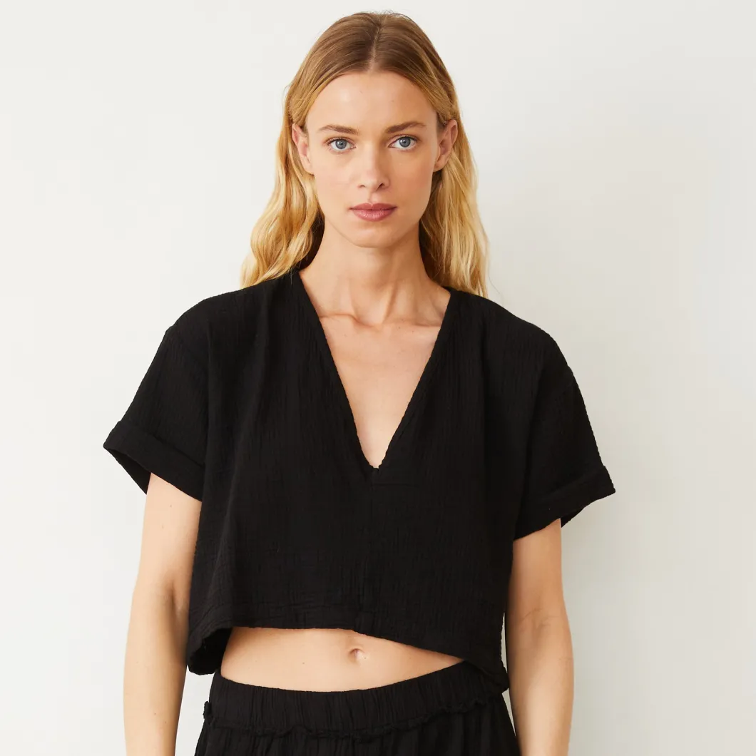 MONROW Gauze V Neck Mini Top BLACK Fashion