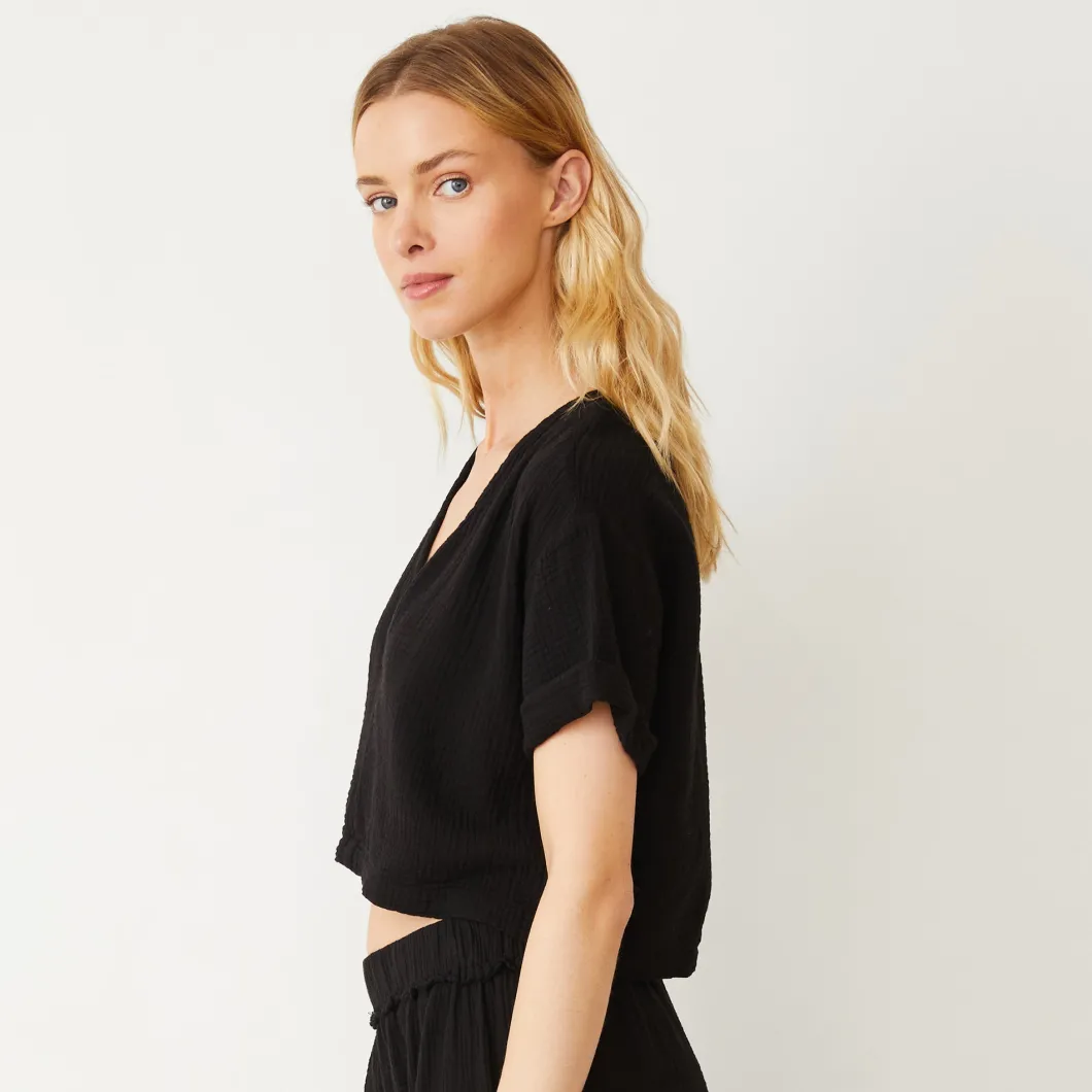 MONROW Gauze V Neck Mini Top BLACK Fashion