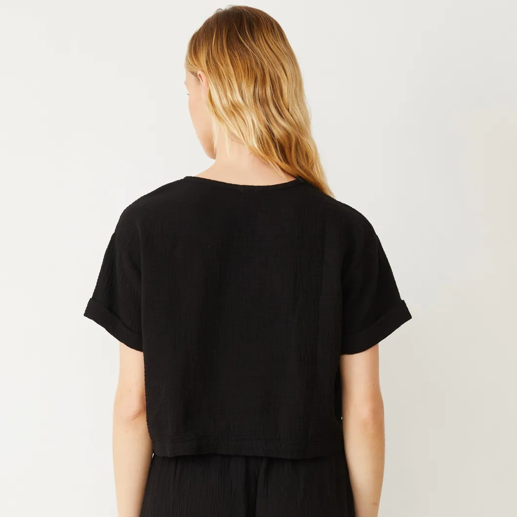 MONROW Gauze V Neck Mini Top BLACK Fashion