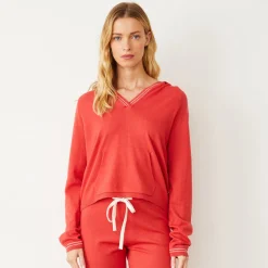 MONROW Light Soft Knit Contrast Stitch Hoody CHERRY Cheap