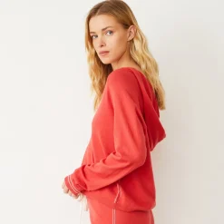 MONROW Light Soft Knit Contrast Stitch Hoody CHERRY Cheap