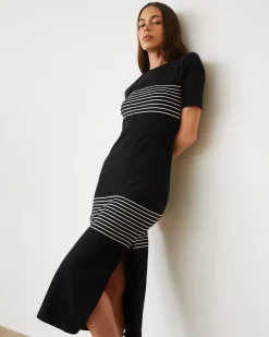MONROW Light Soft Knit Stripe Dress BLACK New