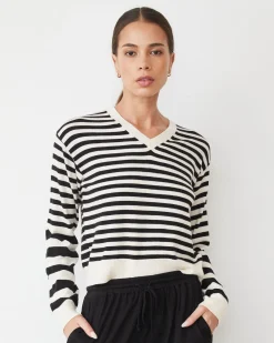 MONROW Lightknit Stripe V Neck IVORY/BLACK Best