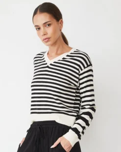 MONROW Lightknit Stripe V Neck IVORY/BLACK Best