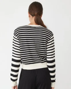 MONROW Lightknit Stripe V Neck IVORY/BLACK Best