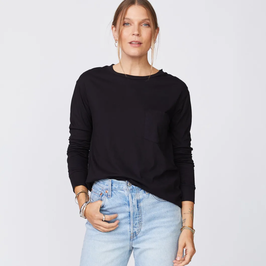 MONROW Long Sleeve Ex-Boyfriend Pocket Crew BLACK Cheap