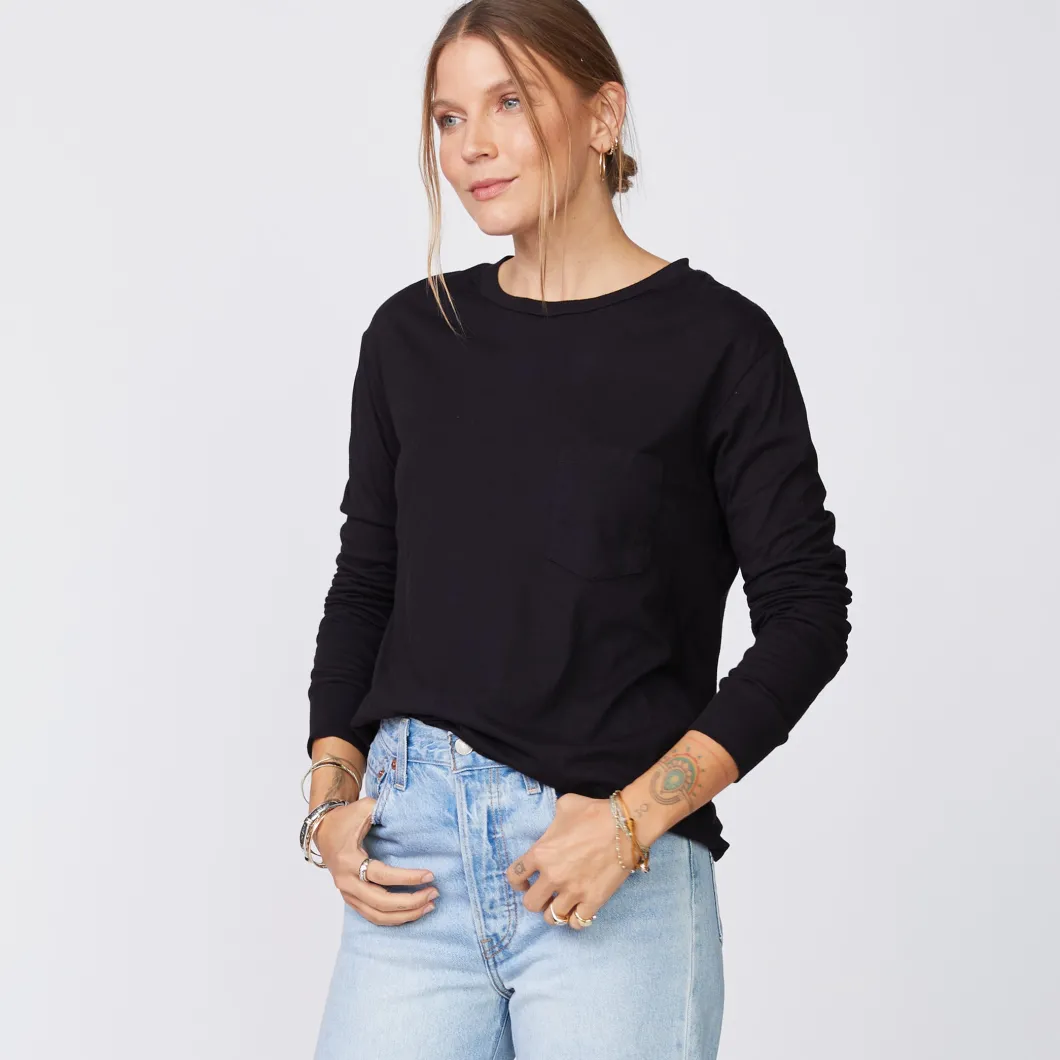 MONROW Long Sleeve Ex-Boyfriend Pocket Crew BLACK Cheap