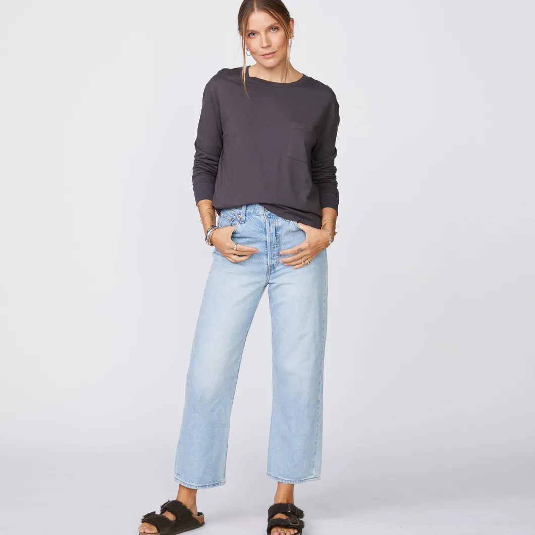 MONROW Long Sleeve Ex-Boyfriend Pocket Crew FADEDBLACK Discount