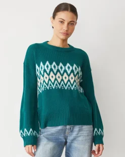 MONROW Merino Wool Fair Isle Crew Neck FOREST Hot