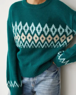 MONROW Merino Wool Fair Isle Crew Neck FOREST Hot