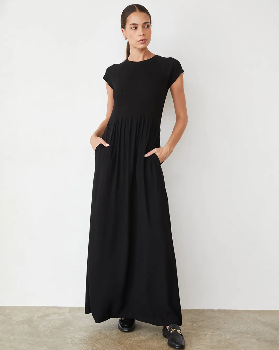 MONROW Mix Media Maxi Dress BLACK Discount