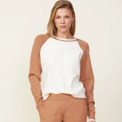 MONROW Soft Knit Colorblock Raglan Sweater IVORY/HAZELNUT Fashion