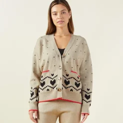 MONROW Soft Knit Heart Fair Isle Cardigan OATMEAL Outlet