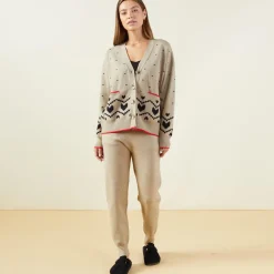 MONROW Soft Knit Heart Fair Isle Cardigan OATMEAL Outlet