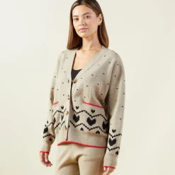 MONROW Soft Knit Heart Fair Isle Cardigan OATMEAL Outlet
