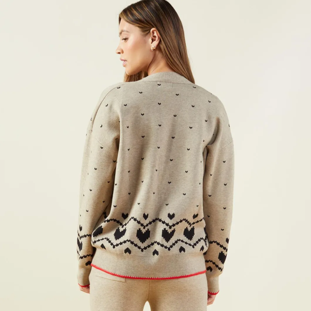 MONROW Soft Knit Heart Fair Isle Cardigan OATMEAL Outlet