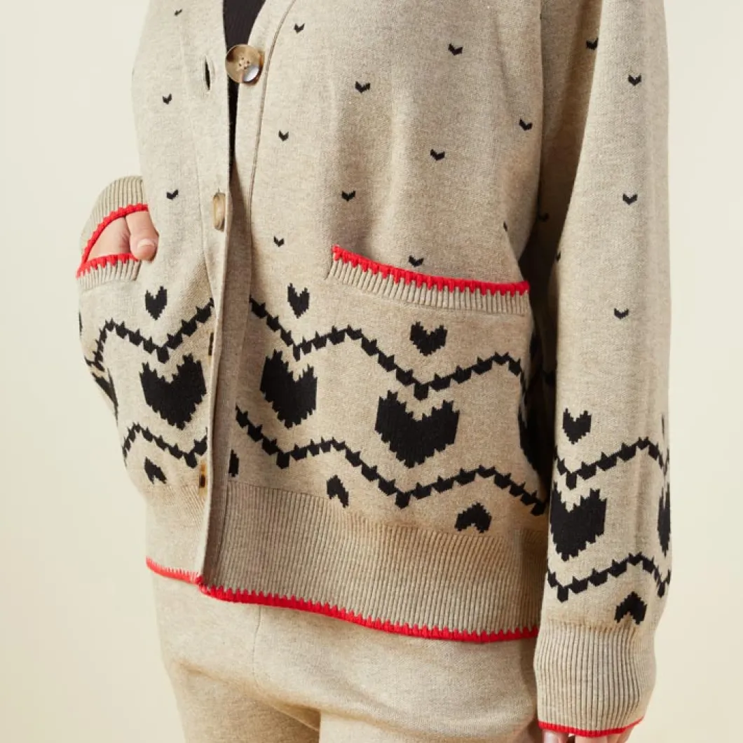 MONROW Soft Knit Heart Fair Isle Cardigan OATMEAL Outlet