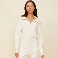 MONROW Soft Knit Rib Half Zip Sweater IVORY Cheap