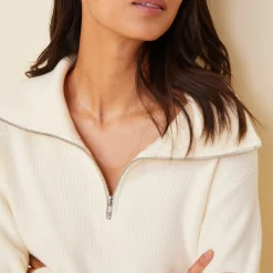 MONROW Soft Knit Rib Half Zip Sweater IVORY Cheap