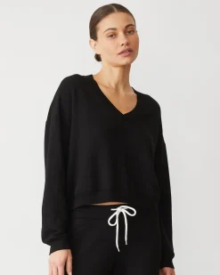 MONROW Softfleece Crop V Neck Sweatshirt BLACK Online