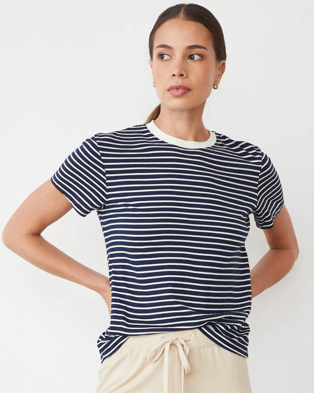 MONROW Stripe Basic Crew NAVY/IVORY Shop