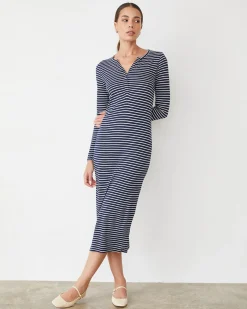MONROW Stripe Henley Dress NAVY/IVORY New