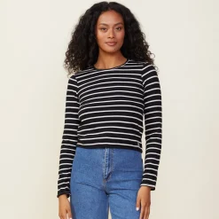 MONROW Stripe Long Sleeve Crew BLACK/NATURAL Best