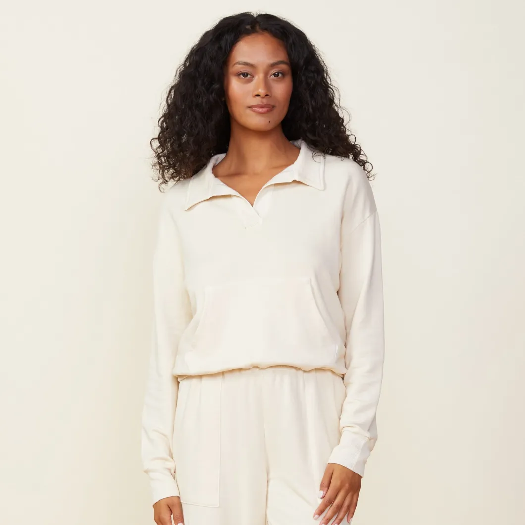 MONROW Supersoft Fleece Polo Sweatshirt OFFWHITE Sale