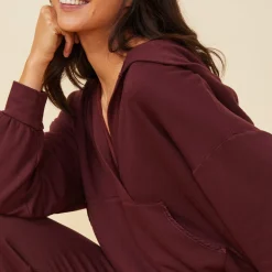 MONROW Supersoft Fleece V Hoody with Silky Piping MERLOT Discount