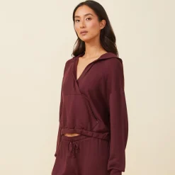 MONROW Supersoft Fleece V Hoody with Silky Piping MERLOT Discount