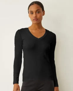 MONROW Supimaluxe Rib Long Sleeve V Neck BLACK Flash Sale