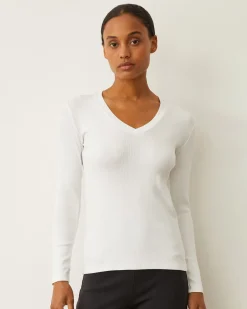 MONROW Supimaluxe Rib Long Sleeve V Neck WHITE Outlet
