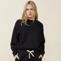 MONROW Teddy Fleece Crew Neck Sweatshirt BLACK New